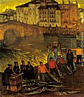 Town Canvas Paintings - Fisherfolk In A Harbour Town